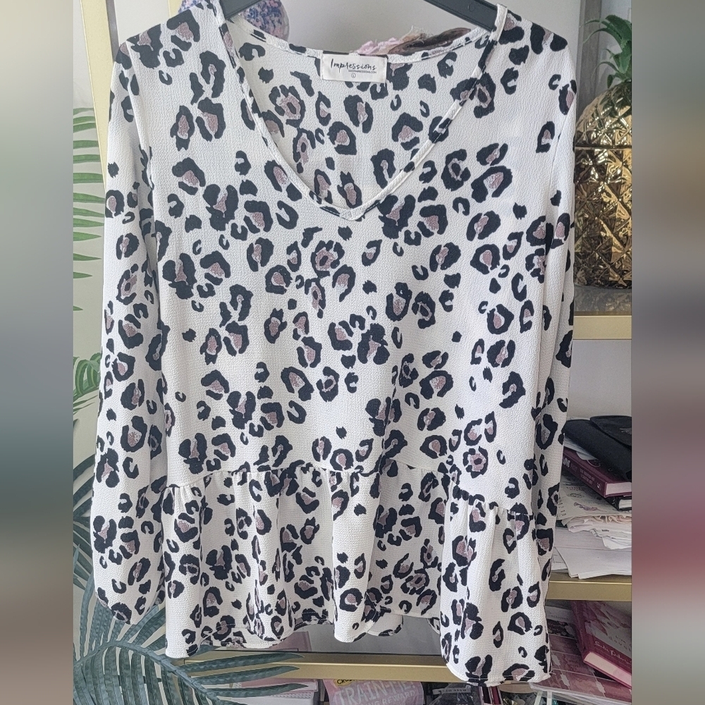 Impressions Boutique Animal Print Black and White Peplum Blouse - Women's Size L